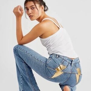 Free People Thunderbird Jeans Electric Gold Size 29 High Rise Lightening Bolt